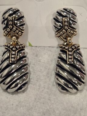 Cable Style "Y" Drop Dandle Earrings Two Tone Silver Gold Classic Timeless